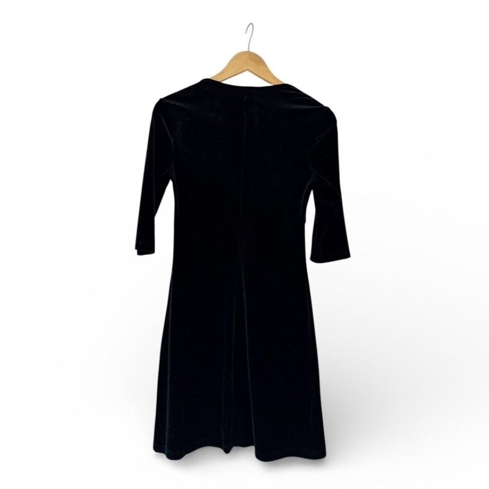 VTG Y2K 90s Black Velvet V-Neck Midi Dress S 3/4 Sleeve Whimsigoth - Picture 2 of 4